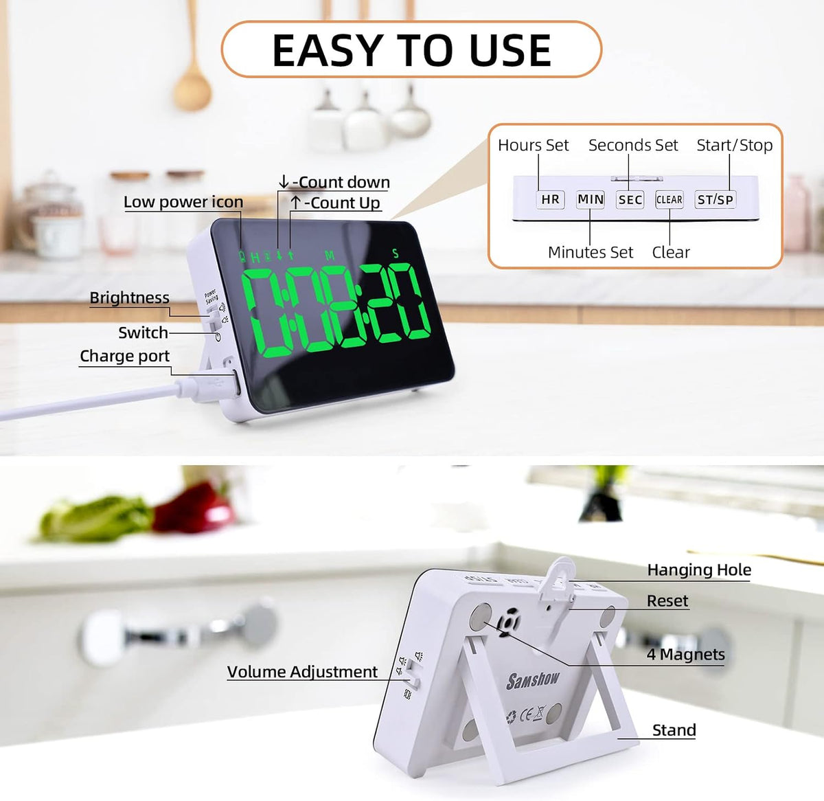 Samshow Rechargeable Digital Kitchen Timer, Ice Blue, 5 Inch