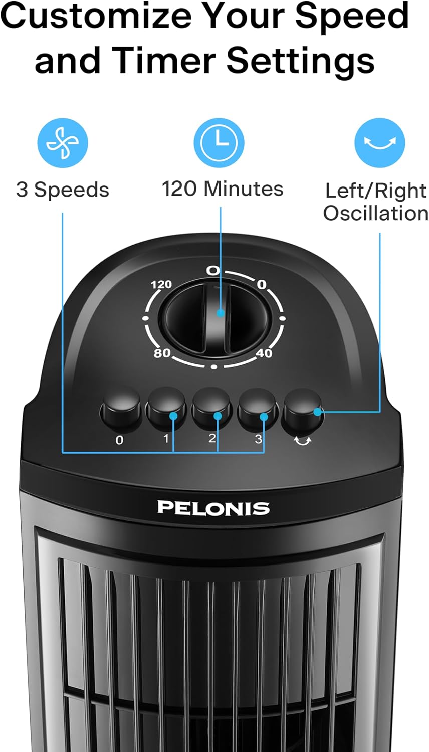 PELONIS 30 Inch Tower Fan for Bedroom, Quiet Oscillating Standing Fan with 3 Speeds, Portable Cooling Fan for Home Office Dorm Room, Auto-off Timer, Black, PFT28A2BBB