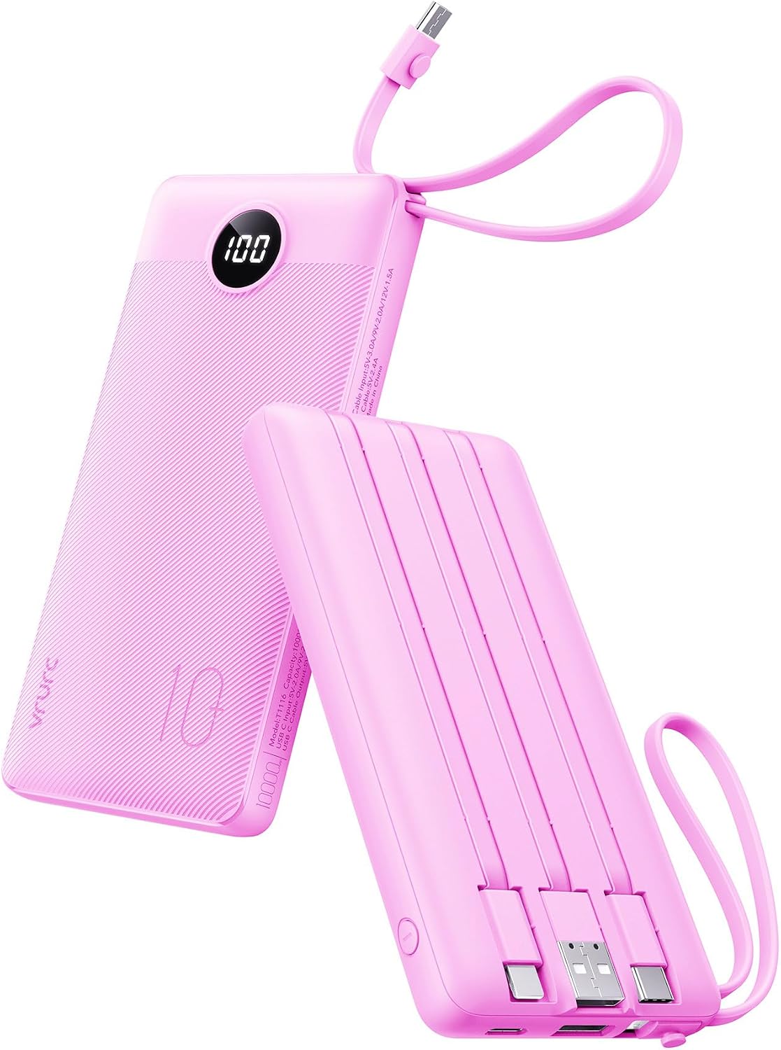 VRURC Portable Charger, Slim Power Bank Built-in 4 Cables, Travel Essential