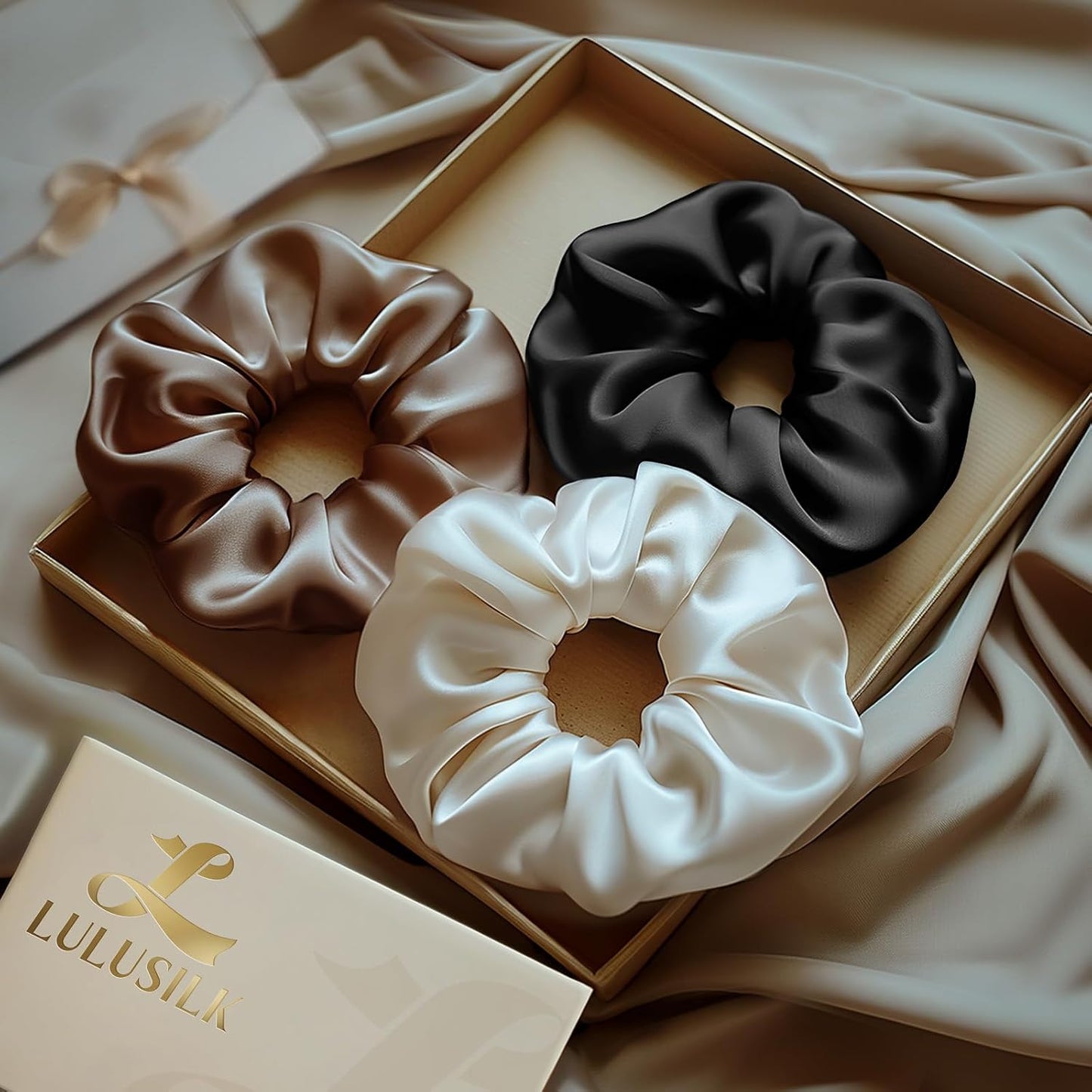 LULUSILK Silk Scrunchies for Hair Sleep, 100% Real Mulberry Silk, No Damage Hair Ties for Women and Girls, Classic Black, Pack of 3