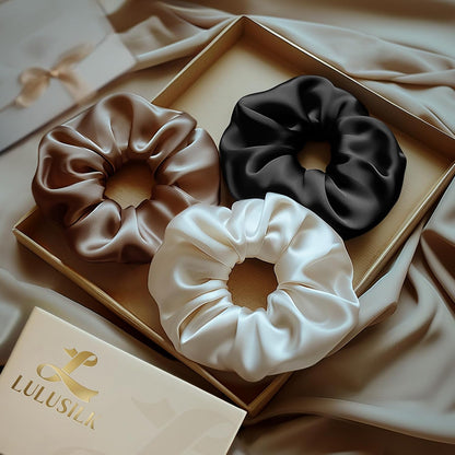LULUSILK Silk Scrunchies for Hair Sleep, 100% Real Mulberry Silk, No Damage Hair Ties for Women and Girls, Classic Black, Pack of 3