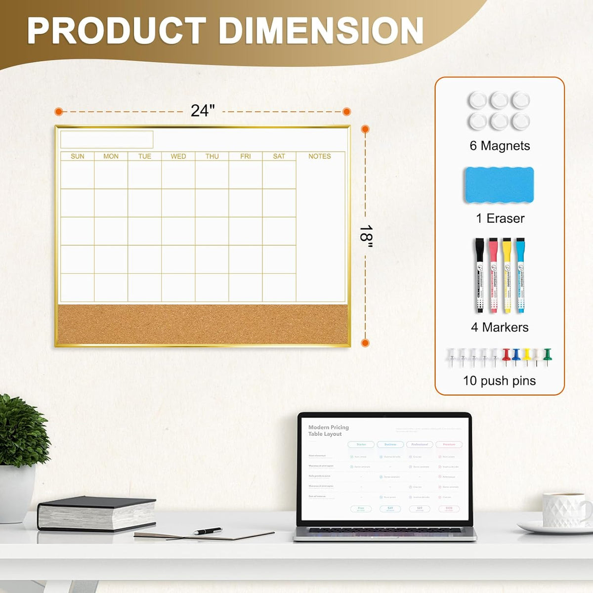 Dry Erase Calendar Whiteboard, 24''x18'', Monthly White Board Planner