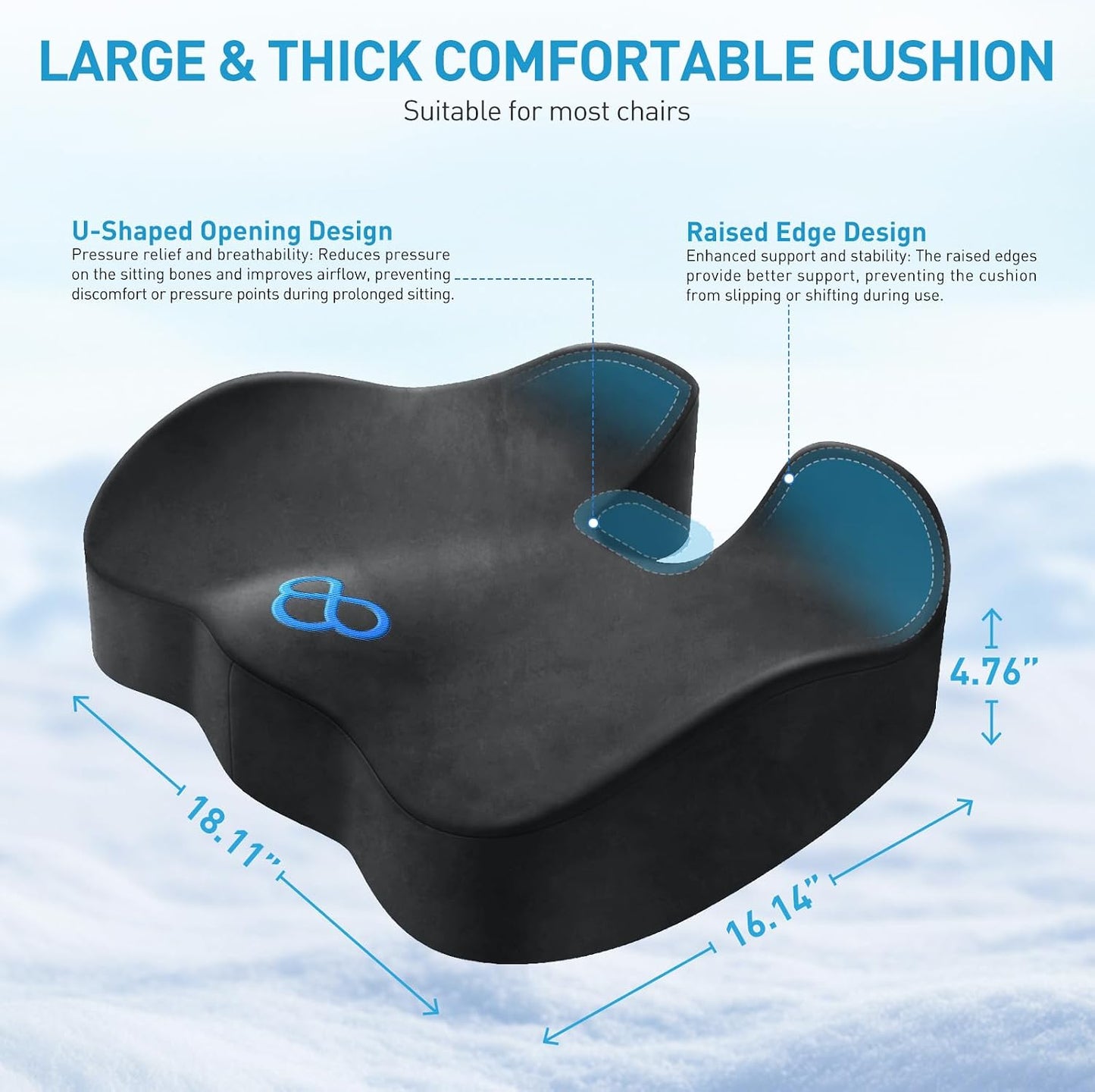 BlissTrends Seat Cushion with Velvet Cover, Thick Memory Foam Cushions for Office Chair, Car Seat, Airplane, Relieving Pressure Tailbone Sciatica Back Pain for Long Sitting, Car Drivers 4.7in Black