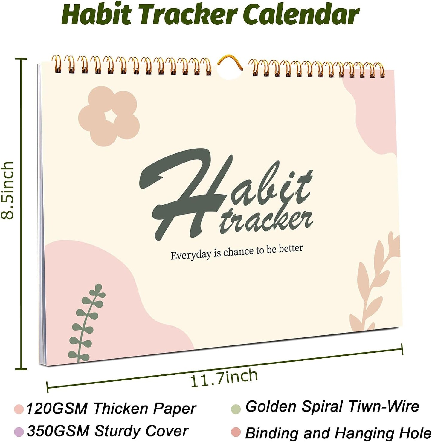 Habit Tracker Calendar, Aesthetic Daily Weekly Goal and Habit Tracker Journal, 12 Months Undated Habits Tracker Planner with Spiral Binding, Boost Productivity Tool and Workout Calendar, 11.7"x8.5"