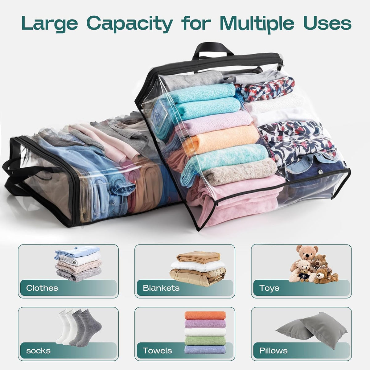 Hopack Under Bed Storage Bags Organizer, 22L Clear Storage Bags, Bags Organizer Clear Zipper Containers Bedroom, Storage Bag for Sweater, Clothes, Shoe Toy, Blanket, Sheet (Black)