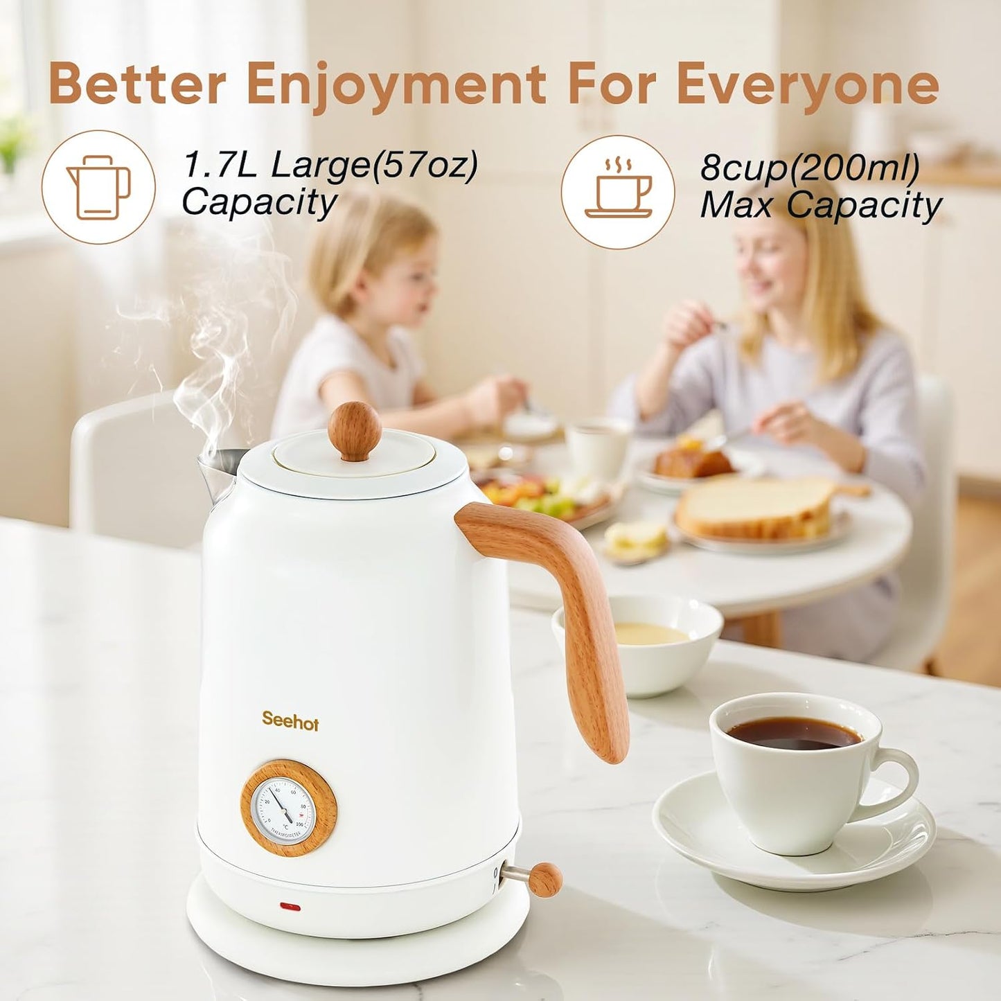 Seehot® Electric Kettle With Thermometer, 1.7L Electric Tea Kettle, 1200W Hot Water Kettle Electric, Auto Shutoff, Boil-Dry Protection, 304 Stainless Steel, Cordless Base, Black