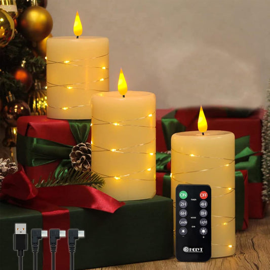 LEDHOLYT Rechargeable Flameless Glass Pillar Candles–Gifts for Women,–Set of 3, Realistic Flickering LED Flame,Remote & Timer, Ideal for Living Room, Bedroom & Halloween Festival Home Party Decor