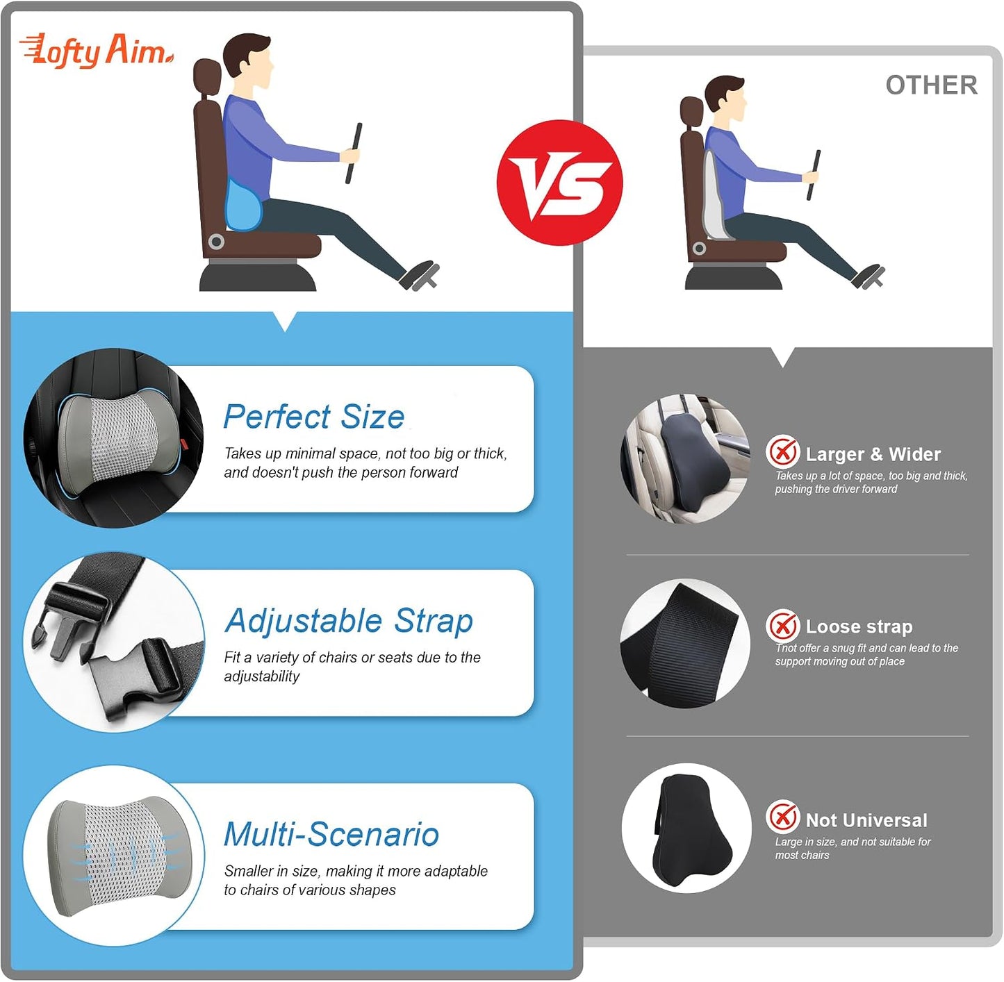 Lofty Aim Lumbar Support Pillow for Car, Car Seat Back Support for Driving | Memory Foam Car Lumbar Support for Driving Seat, Car Back Cushion, Adjustable Straps, Lower Back Pillow, Office Chairs, Black