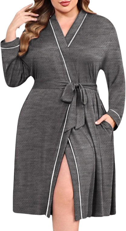 Ekouaer Plus Size Robes for Women Soft Bathrobe V Neck Soft Maternity Robe