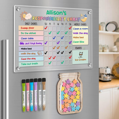 Acrylic Magnetic Kids Chore Board & Star Reward Jar - Dry Erase Fridge Calendar with Erasable Markers, Wooden Stars & DIY Stickers for Visual Schedule, Behavior Tracking & Potty Training Toddlers