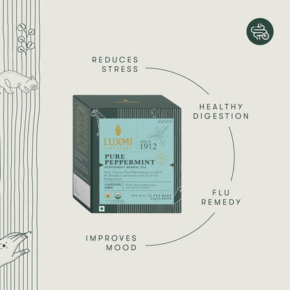Luxmi Estates Pure Peppermint Tea, 25 Tea Bags (50g, 1.76oz) | USDA Organic Single-Ingredient Whole Leaf Peppermint | Caffeine-Free Herbal Infusion for Digestion, Refreshment & After-Dinner Sipping, Vegan & Non-GMO