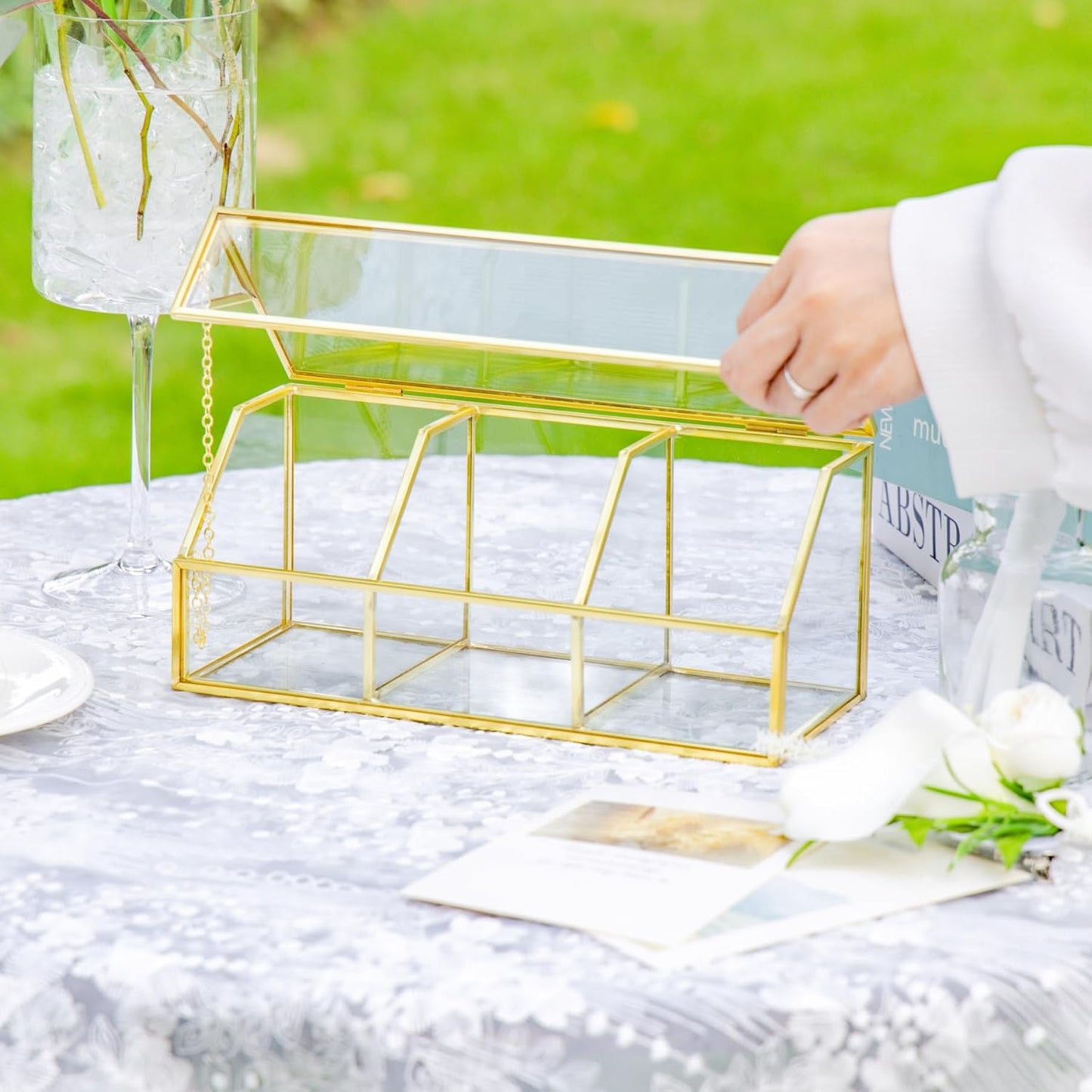 NCYP Glass Tea Bags Organizer with 5 Grids Compartments, Indoor Counter Top Brass Display Case with Lid, Storage Box, Gold, Decor, Teabag Storage, 14.5 x 3.6 x 3.66 Inches (Glass Box Only)