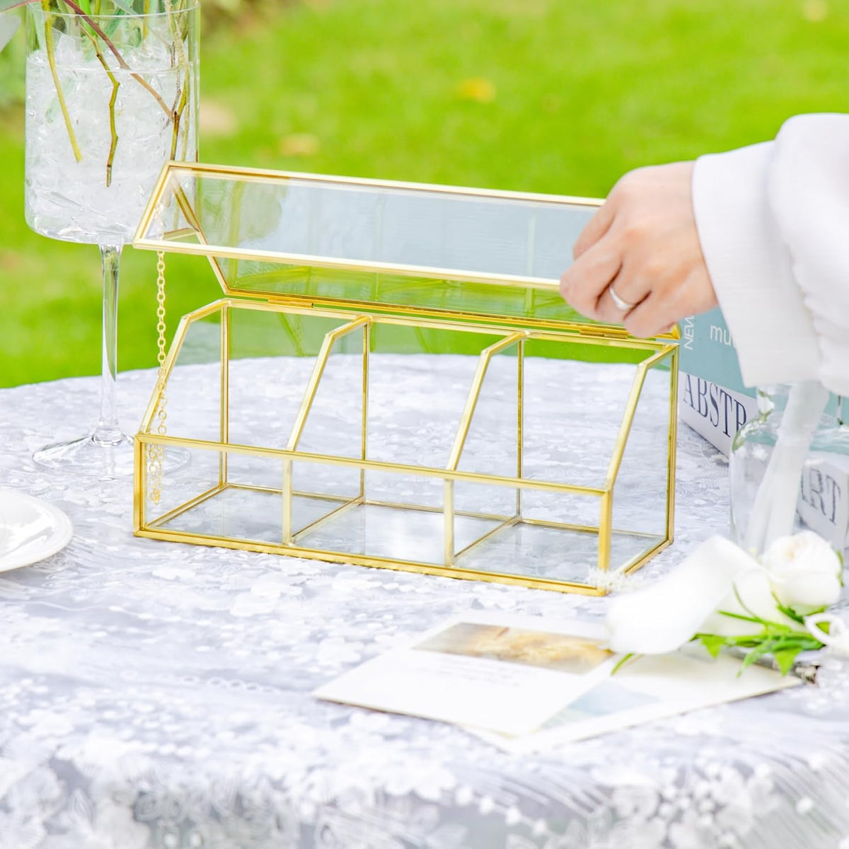 NCYP Glass Tea Bags Organizer with 5 Grids Compartments, Indoor Counter Top Brass Display Case with Lid, Storage Box, Gold, Decor, Teabag Storage, 14.5 x 3.6 x 3.66 Inches (Glass Box Only)