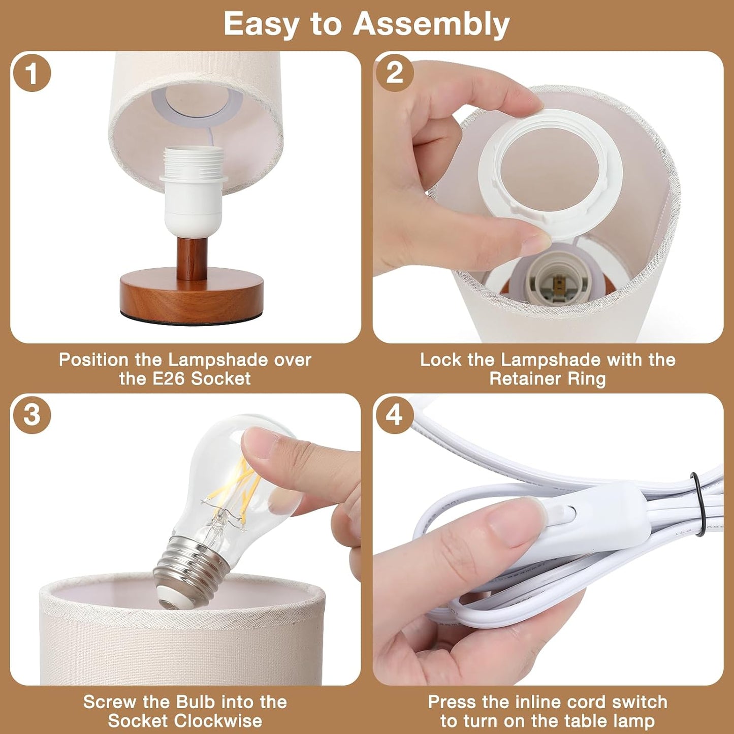 Fenmzee Small Table Lamp for Bedroom - Inline Control, Bedside Lamp with 3000K A15 LED Blub, Easy Assembly (Cream Shade - Wood Base, 9" Inline Control)
