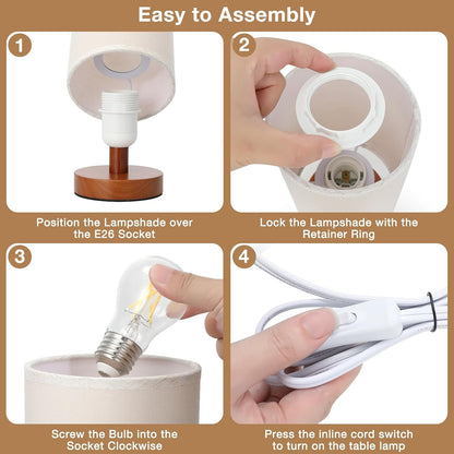 Fenmzee Small Table Lamp for Bedroom - Inline Control, Bedside Lamp with 3000K A15 LED Blub, Easy Assembly (Cream Shade - Wood Base, 9" Inline Control)