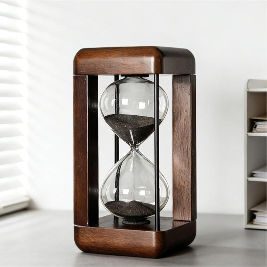 Large 60 Minute Hourglass Timer with Walnut Wood, Metal Frame, Black Sand