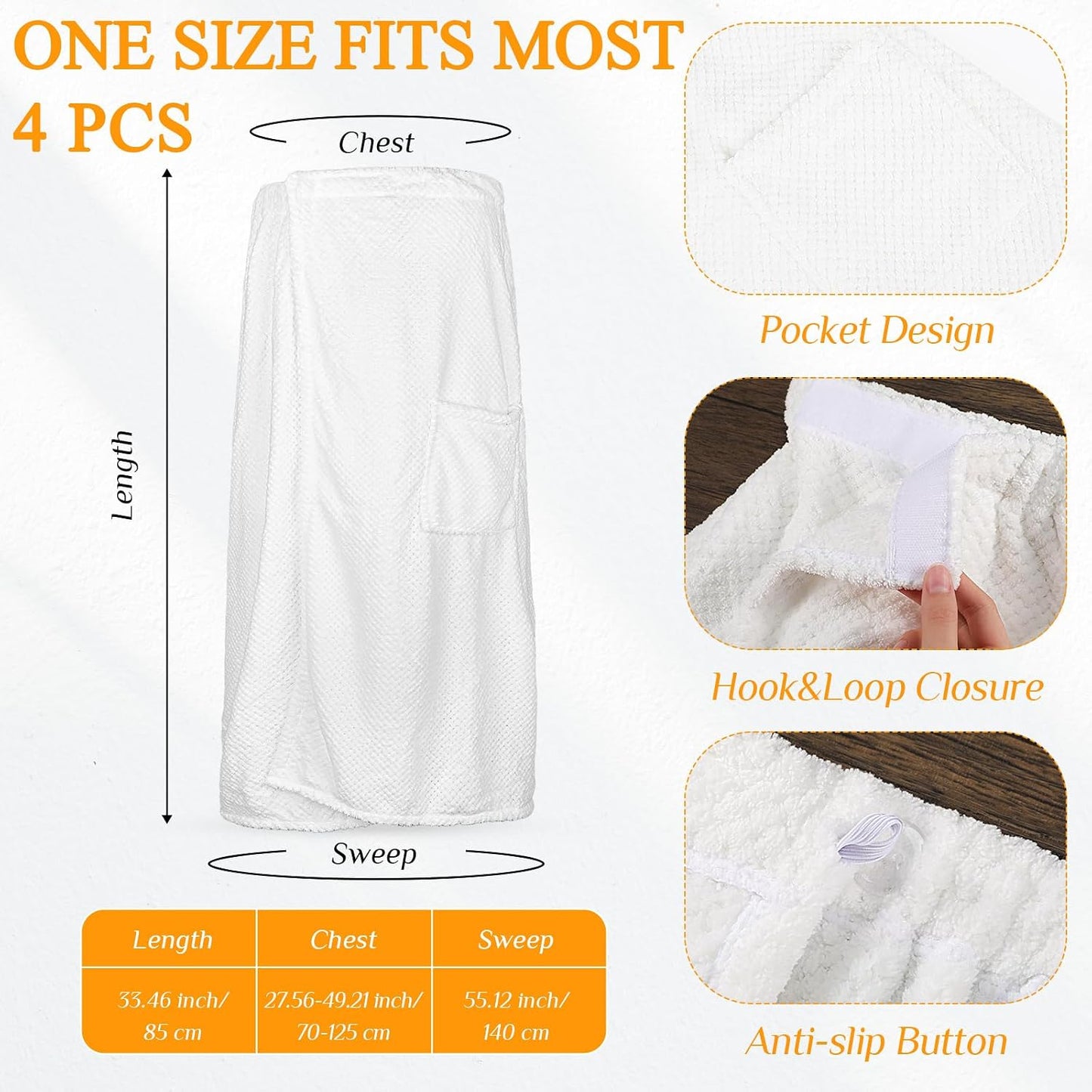 Tigeen 4 Pcs Spa Wraps for Women Waffle Spa Robe with Pocket Adjustable Closure Lightweight Towel Wraps for Bath Shower(Black)