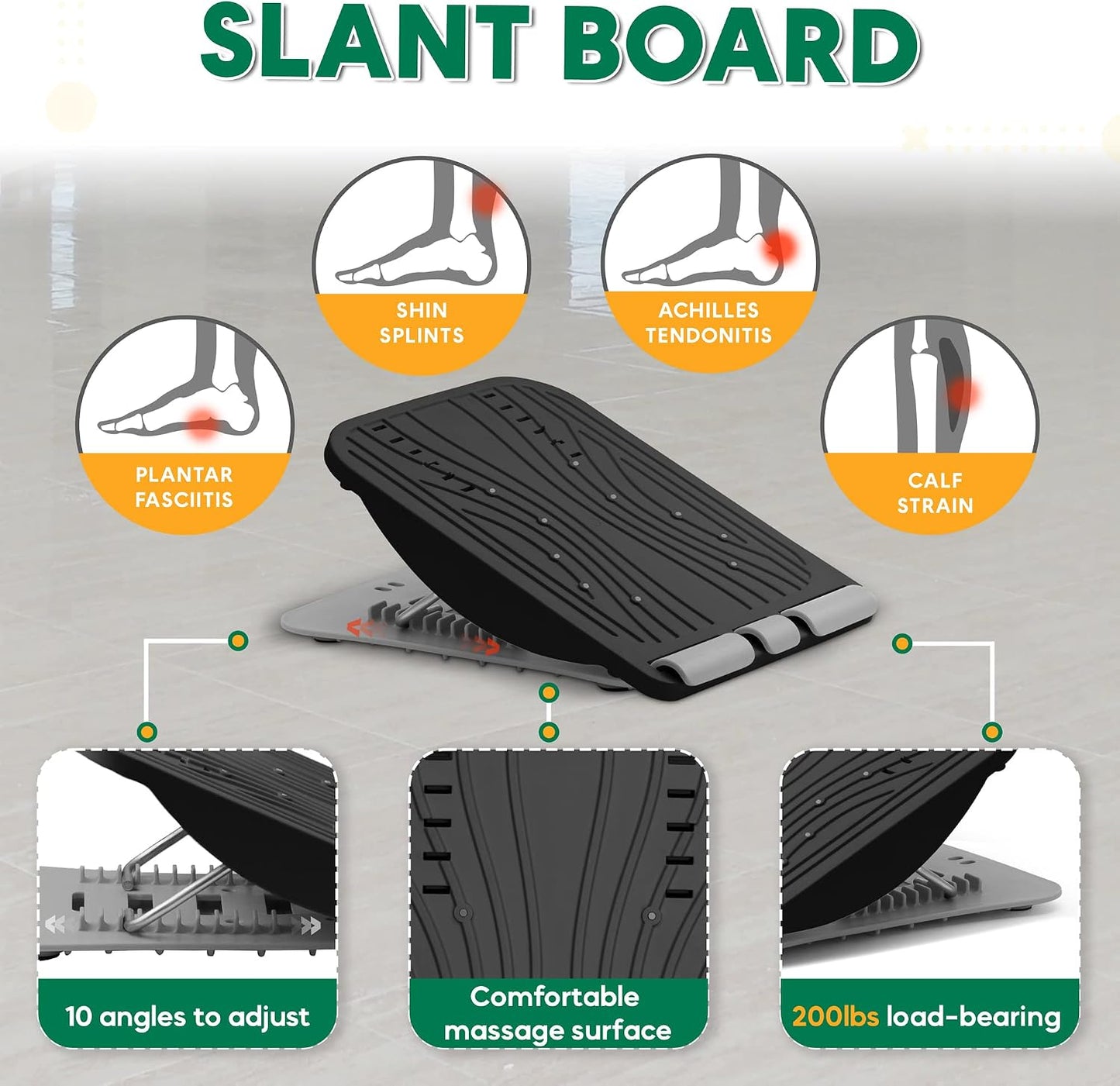 3-in-1 Adjustable Incline Slant Board for Calf Stretching Ankle, Foot Massage, 10 Changeable Levels Rocker Board for Plantar Fasciitis Physical Therapy Equipment - Black