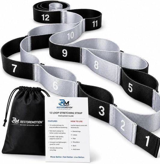 Stretching Strap for Physical Therapy, 12 Loop Non-Elastic Stretching Strap for Yoga, Hamstring, Calf, Hip, Shoulder, Flexibility, Mobility & Rehabilitation