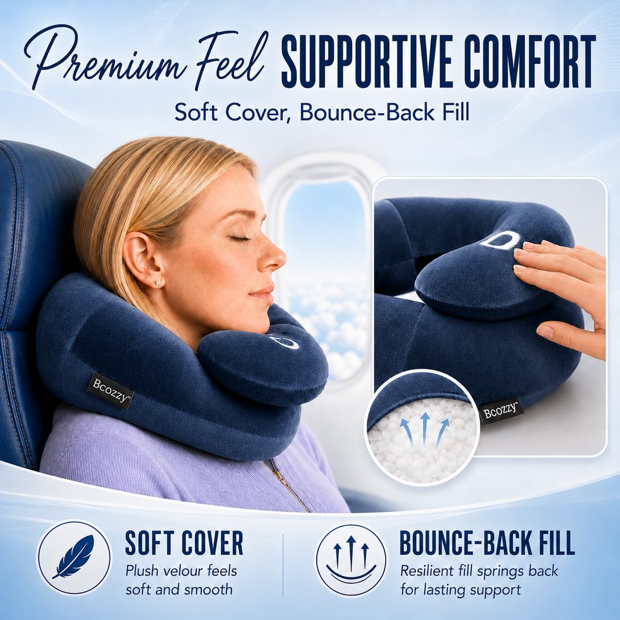 BCOZZY Travel Neck Pillow for Airplane– Patented Double Support for Head, Neck, and Chin. Best for Long Flights, Plane Sleeping, and Car Rides. Adjustable Size. Fully Washable. Carry Bag. Large, Black