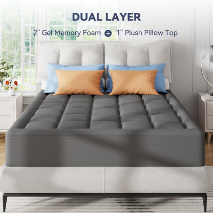 ELEMUSE Twin XL Dorm Dual Layer 3 Inch Memory Foam Mattress Topper for College, Dorm Room Essentials, 2 Inch Cooling Gel Foam and 1 Inch Soft Pillow Top Bed Pad,Back to School Comfortable Support