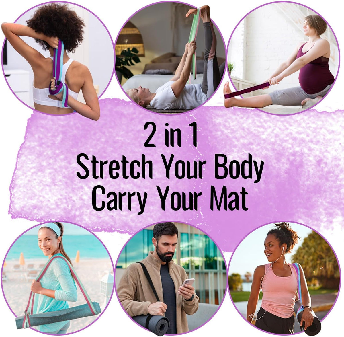 TECEUM 2 IN 1 Yoga & Mat Strap for Stretching – Cotton – 6/8/10 ft