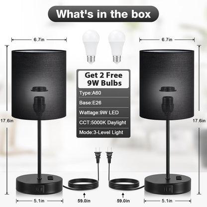 Blue Touch Lamps for Nightstand Set of 2 - Bedside Table Lamp for Bedroom with Dual USB Ports & AC Outlet, 3-Way Dimmable Lamps for Living Room Boys Room, Night Light with 5000K Daylight Bulbs