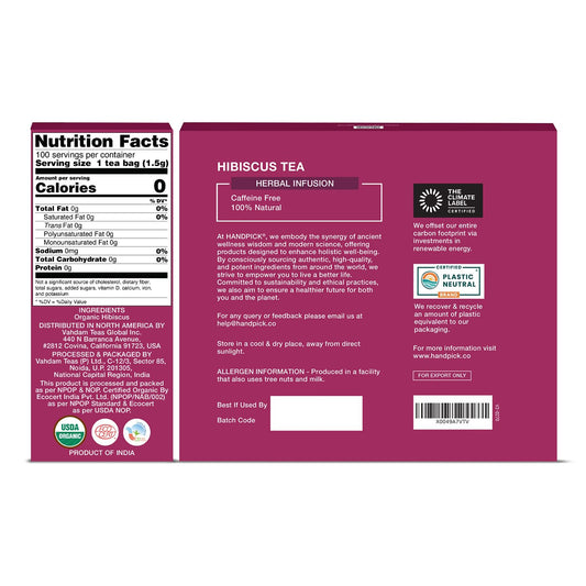 HANDPICK Organic Hibiscus Tea (100 Tea Bags) Pure Indian Hibiscus Flowers
