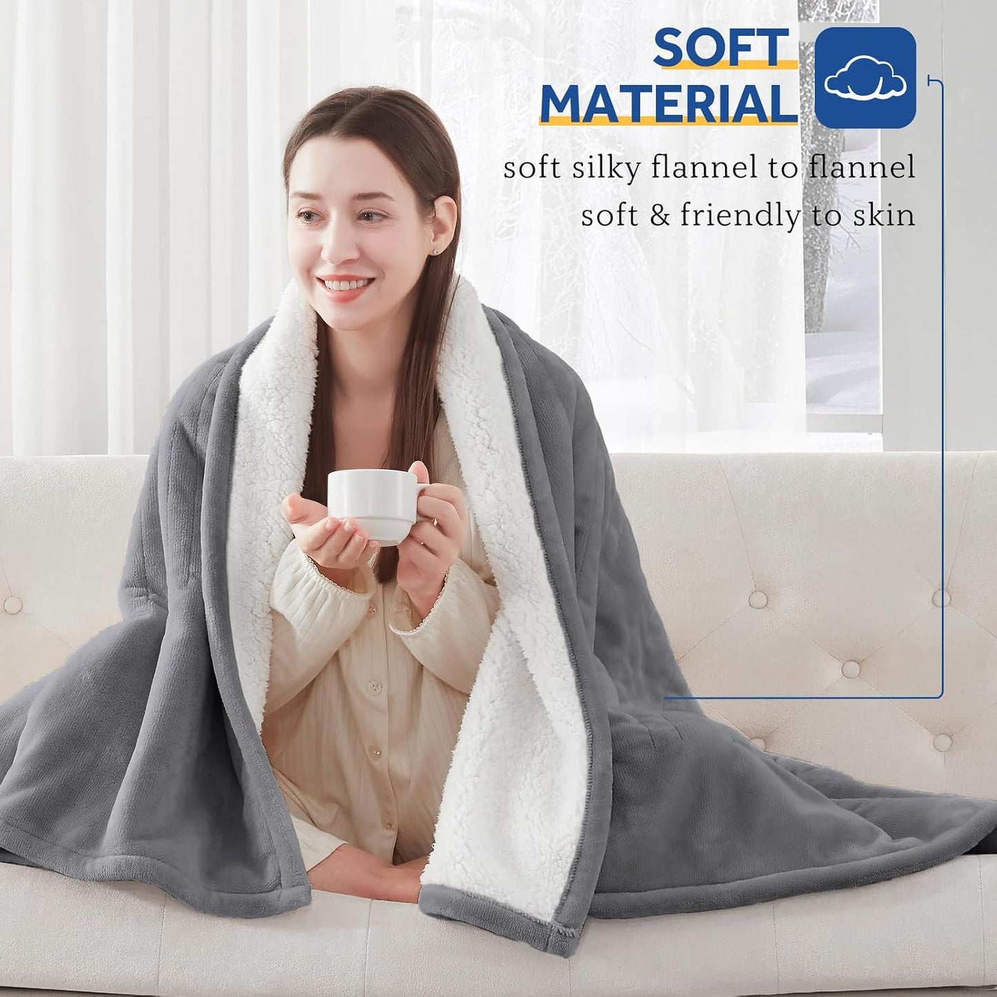 Sealy Electric Throw Blanket, Flannel & Sherpa Heated Throw with 6 Heating Levels & 2-10 Hours Auto Shut Off, Fast Heating & Machine Washable, 50x60 Inch, Light Grey