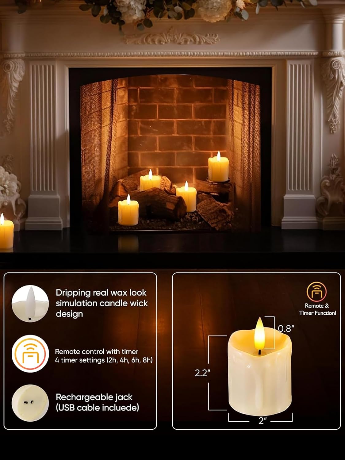 Homemory Flameless Votive Candles with Timer, 2" x 2" Real Wax, 400+Hour Realistic Black Wick Battery Operated Candles, Set of 6 for Wedding, Party and Holiday Decoration (Battery Included)