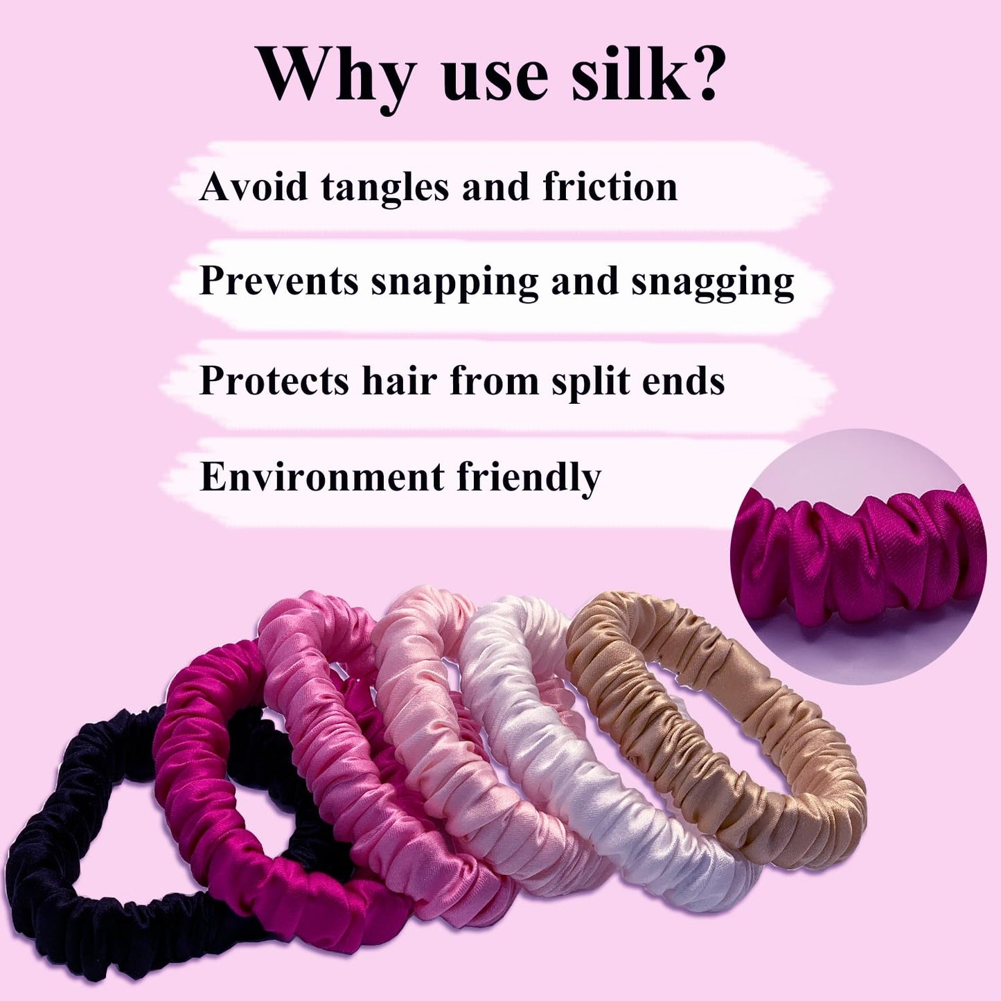 VLOMOT 6 Pcs Set 100% Pure Mulberry Silk Hair Scrunchies - 6 Chic Colors Everyday Skinny Scrunchies Silk Ponytail Holders - No Damage (Purple)