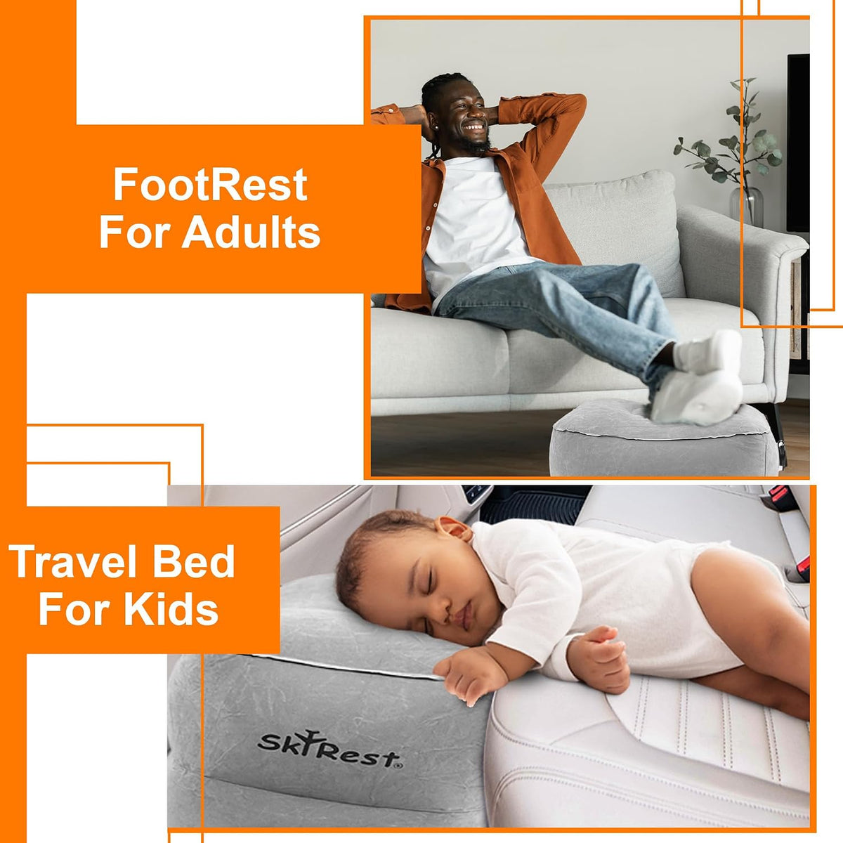 Inflatable Foot Rest Pillow for Airplane Travel - Adjustable Leg Rest for Long Flights, Baby/Toddler Airplane Seat Extender - Grey