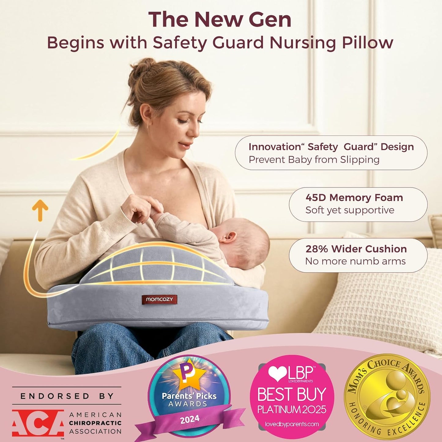 Momcozy CozyPro Nursing Pillow - All Around Lumbar & Arm Support - Safety Guard, Firm & Springy Memory Foam-Stable, Ergonomic Support, Easier Breastfeeding, Wider Cushion, Adjustable, Removable Cover
