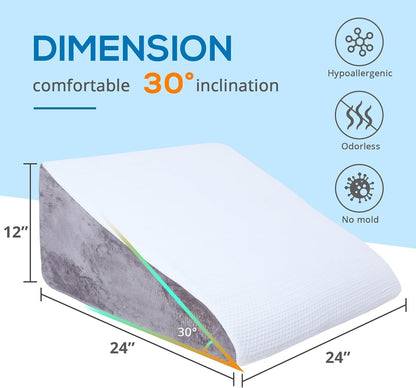 Sasttie Wedge Pillow 24x24x12 inch, Memory Foam Bed Wedge, Cool Grey