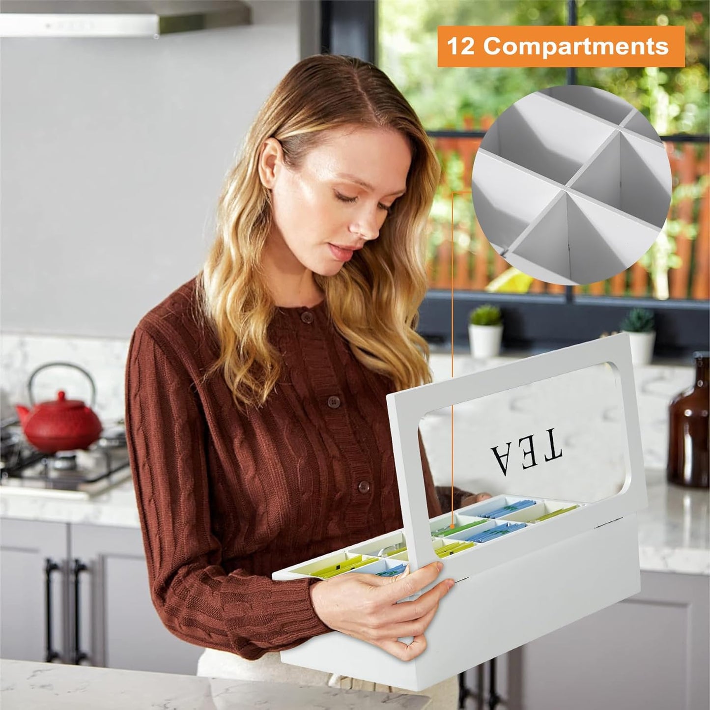 Tea Box,Wood Tea Organizer and Storage,12 Compartments Teas Bag Holder Organizer with Clear Window for Countertop Kitchen Cabinet Pantry (Smoky)
