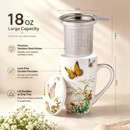 AmorArc 18oz Porcelain Tea Mug with Infuser & Lid, Loose Leaf Tea Cup with Stainless Steel Strainer, Large Coffee Mug Gift for Women, Tea Lovers, Home & Office