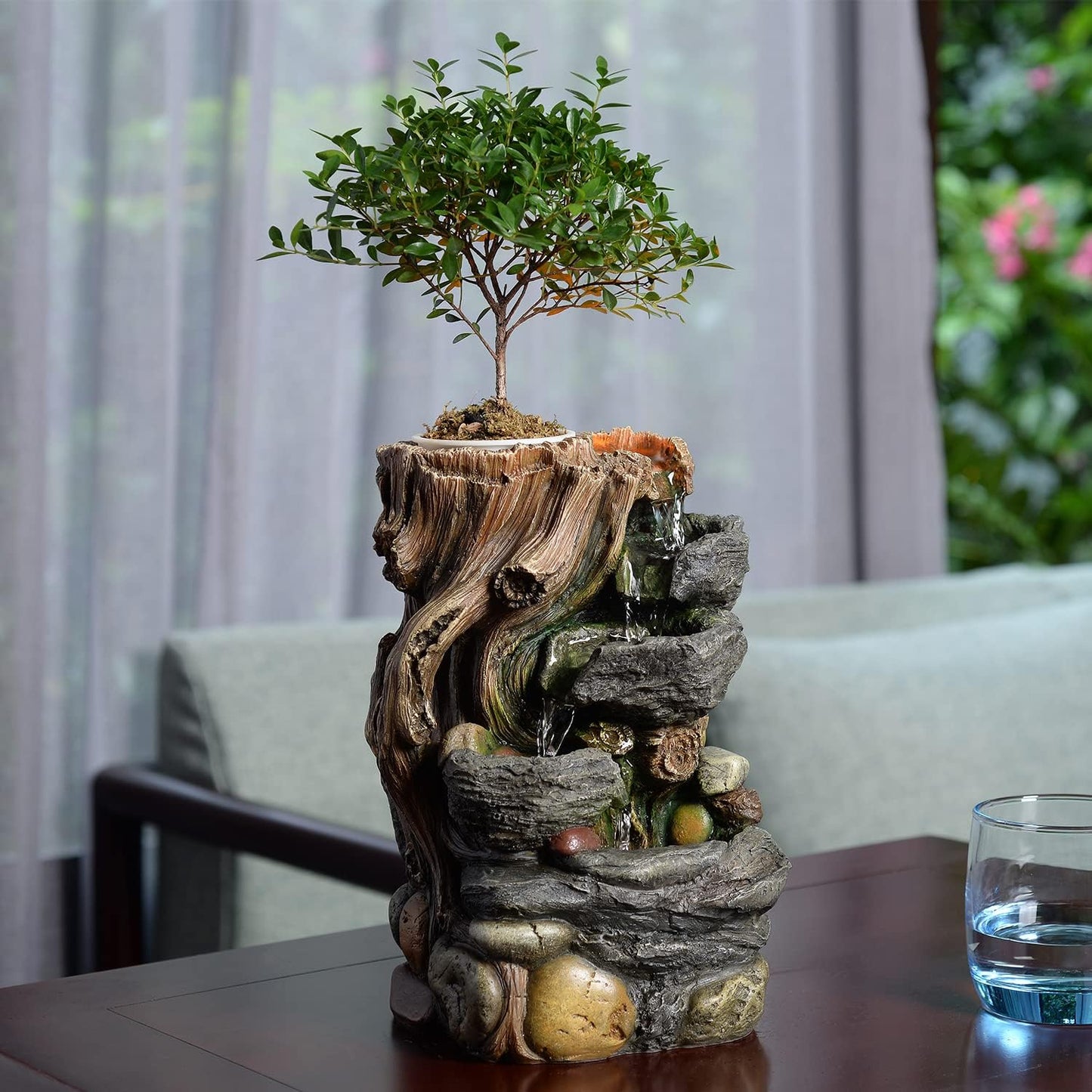 GOSSI 3-Tier Stone Wall Tabletop Water Fountain with Natural River Rocks, LED Lights, Zen Meditation Waterfall for Office and Home Decor, Relaxing Desktop Fountain, Christmas Decoration