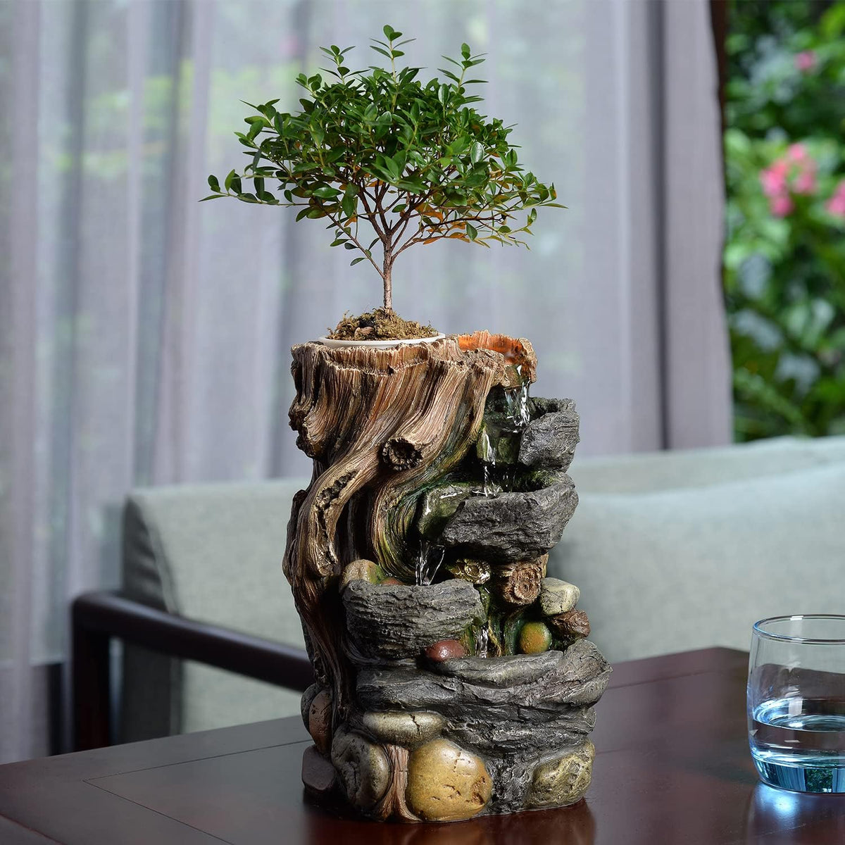 GOSSI 3-Tier Stone Wall Tabletop Water Fountain with Natural River Rocks, LED Lights, Zen Meditation Waterfall for Office and Home Decor, Relaxing Desktop Fountain, Christmas Decoration
