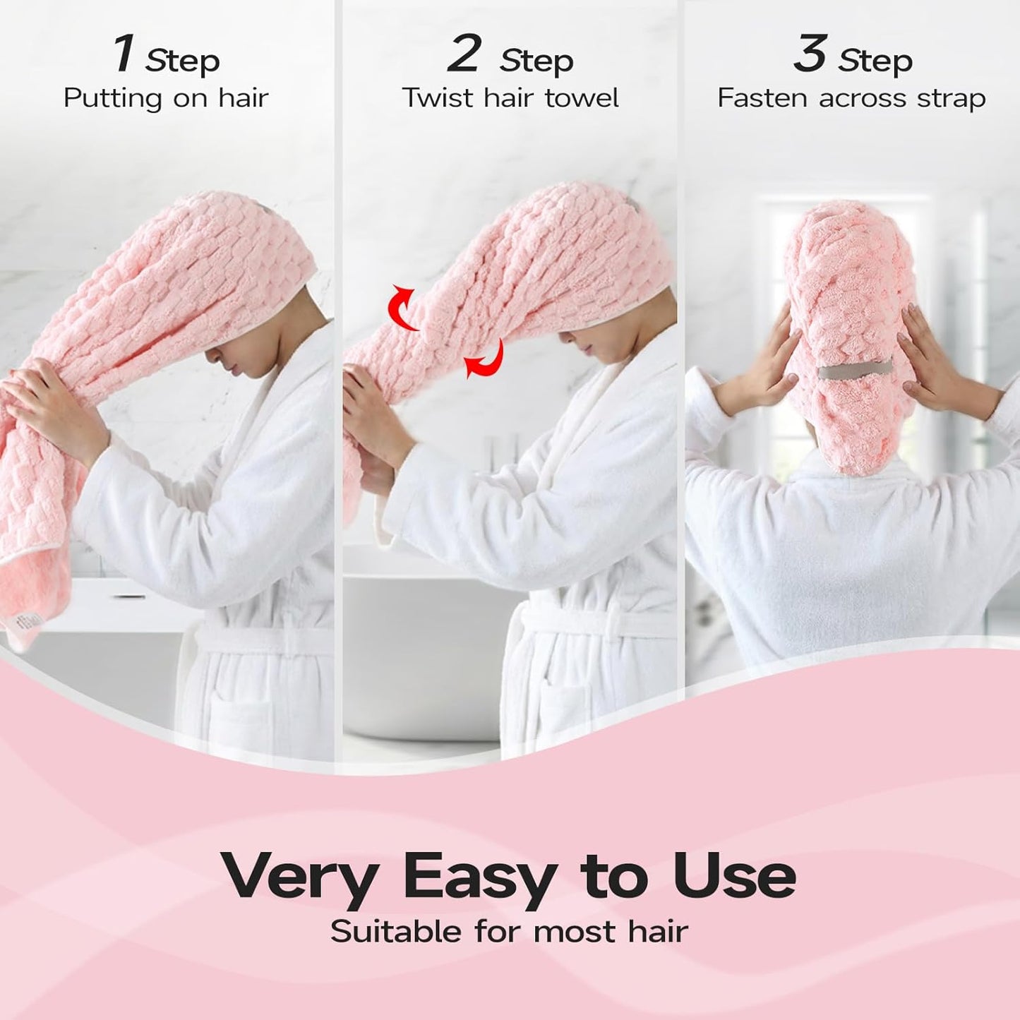 REDKISS 3 Pack Microfiber Hair Towels - Extra Large Hair Towel Wrap for Women, 24x42 inch Hair Towels with Elastic Strap, Super Soft Hair Drying Towels for Long, Thick, Curly Anti Frizz Turbans