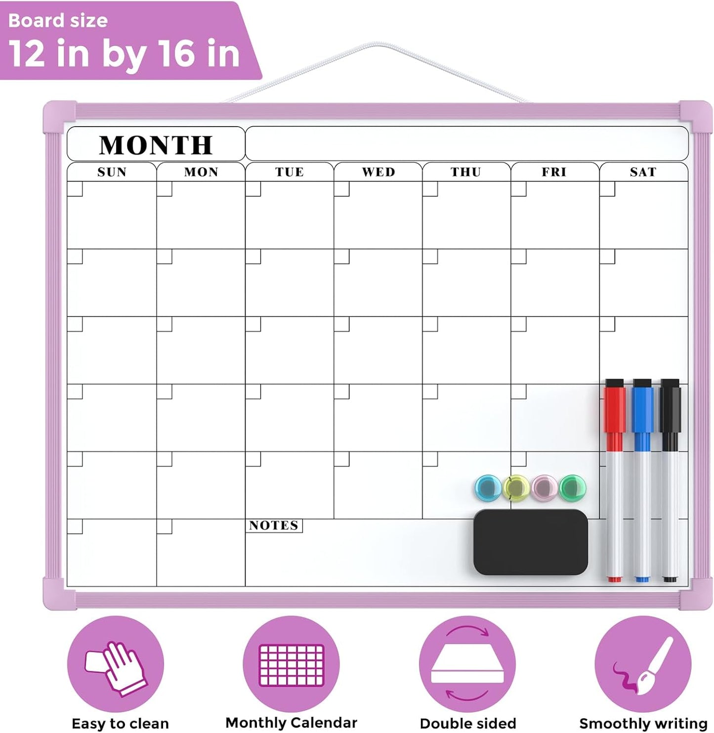MaxGear Monthly Calendar Dry Erase Board for Wall, 16"x12", White Frame | Double-Sided, Hanging Small White Board, Portable Whiteboard for Planning, Drawing, Memo, to Do List, Home, Kitchen, Office