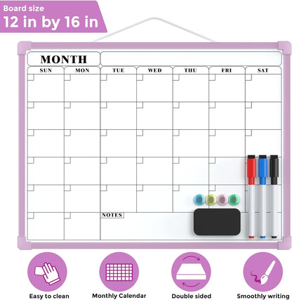 MaxGear Monthly Calendar Dry Erase Board for Wall, 16"x12", White Frame | Double-Sided, Hanging Small White Board, Portable Whiteboard for Planning, Drawing, Memo, to Do List, Home, Kitchen, Office