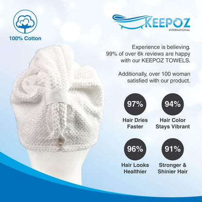 KEEPOZ 100% Cotton Hair Towel Wrap Quick Dry Super Absorbent Turban Head Wrap for Women with Button, Anti Frizz, Hair Cap for Curly, Long & Thick Hair (White, 1 Pc)
