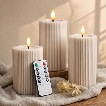 Ribbed Fluted Real Wax Flameless LED Pillar Candles, Loden Sage Olive Green, Melted-Wax Top Look, Flickering Flame, Battery Operated, Remote & Timer, Shelf & Wedding Decor (Set of 3)