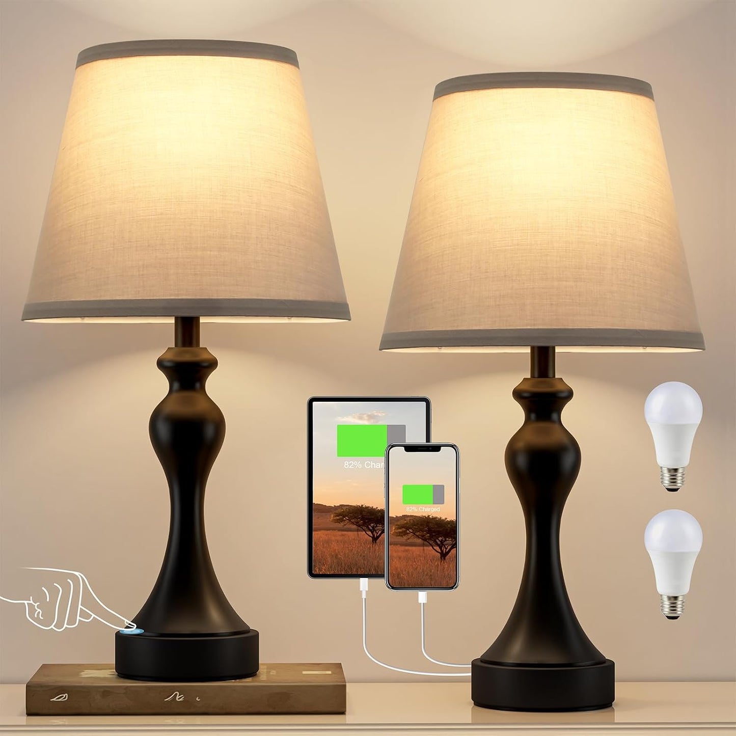 Seealle Touch Lamps for Nightstand - Bedside Lamps Set of 2, 3 Way Dimmable, USB C+A for Bedroom & End Tables (LED Bulbs Included)
