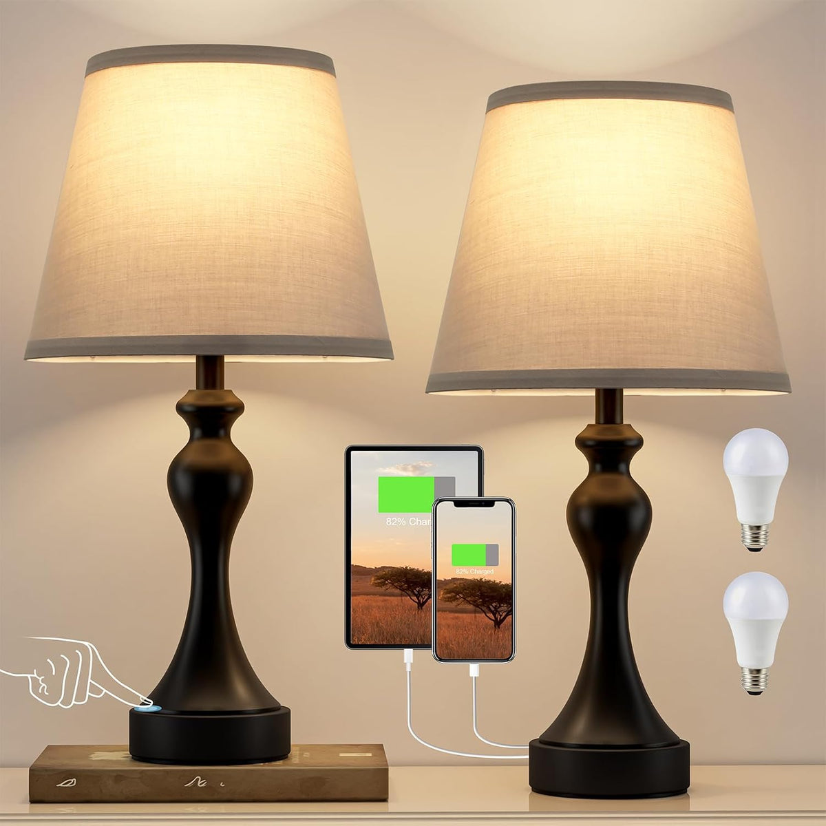 Touch Lamps for Nightstand, 3 Way Dimmable Bedside Lamps with USB C+A Ports