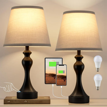 Touch Lamps for Nightstand, 3 Way Dimmable Bedside Lamps with USB C+A Ports