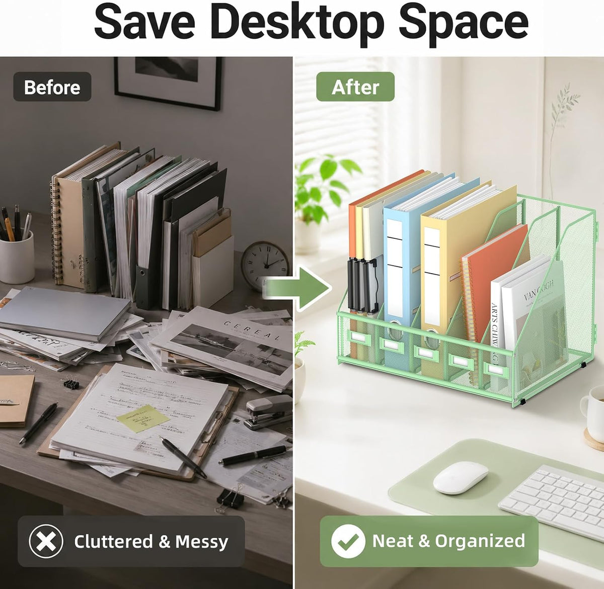 SUPEASY Desk Organizers Metal Desk Magazine File Holder with 5 Vertical Compartments Rack File Organizer for Office Desktop, Classroom, Home Workspace, Black