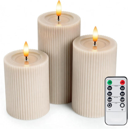 Ribbed Fluted Real Wax Flameless LED Pillar Candles, Loden Sage Olive Green, Melted-Wax Top Look, Flickering Flame, Battery Operated, Remote & Timer, Shelf & Wedding Decor (Set of 3)