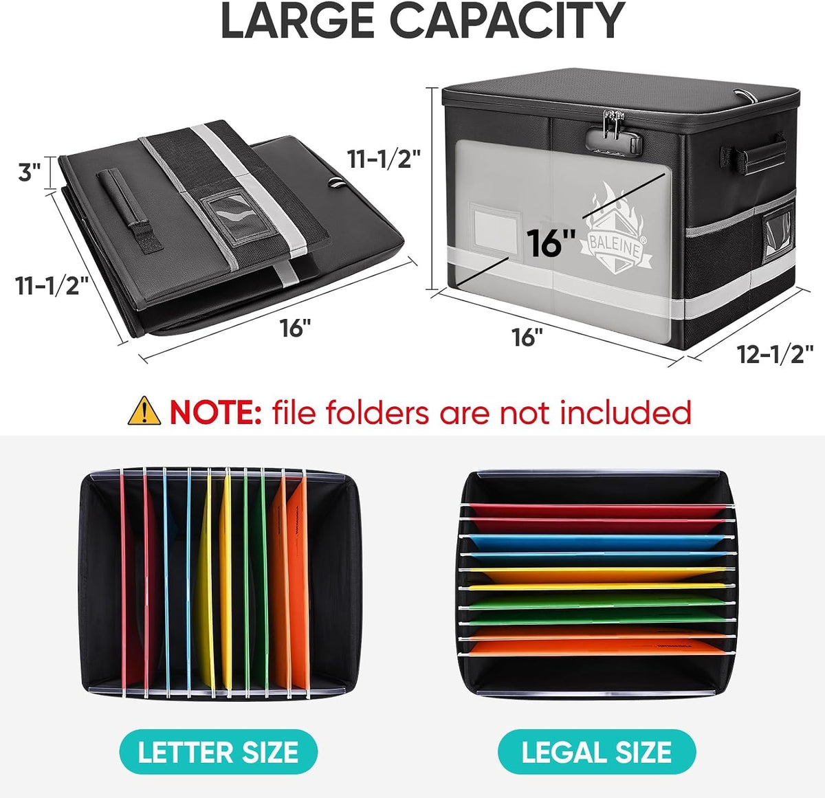 BALEINE Fireproof Document Box with Lock, Portable Fireproof Document Bag Waterproof Fire Proof File Boxes for Documents, File Organizer Box for Important Paperwork (Black, 12.5''x10.5''x6'')