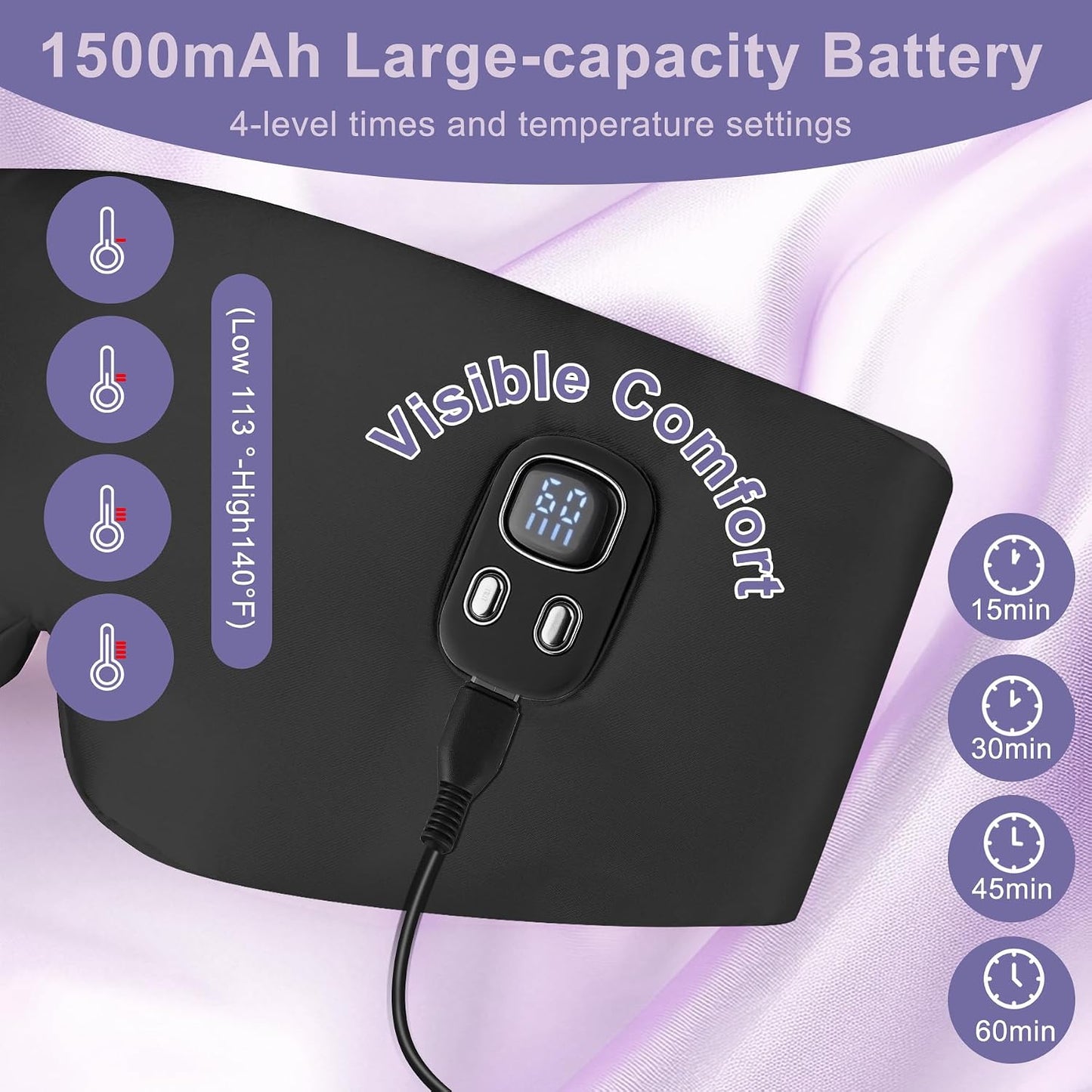 100% Mulberry Silk Cordless Heated Eye Mask, Cordless Heated Eye Masks for Dry Eyes, 4 Time Levels and 4 Temperature Settings, Visualized LED Screen, 1500mAh, Total Light Blocking